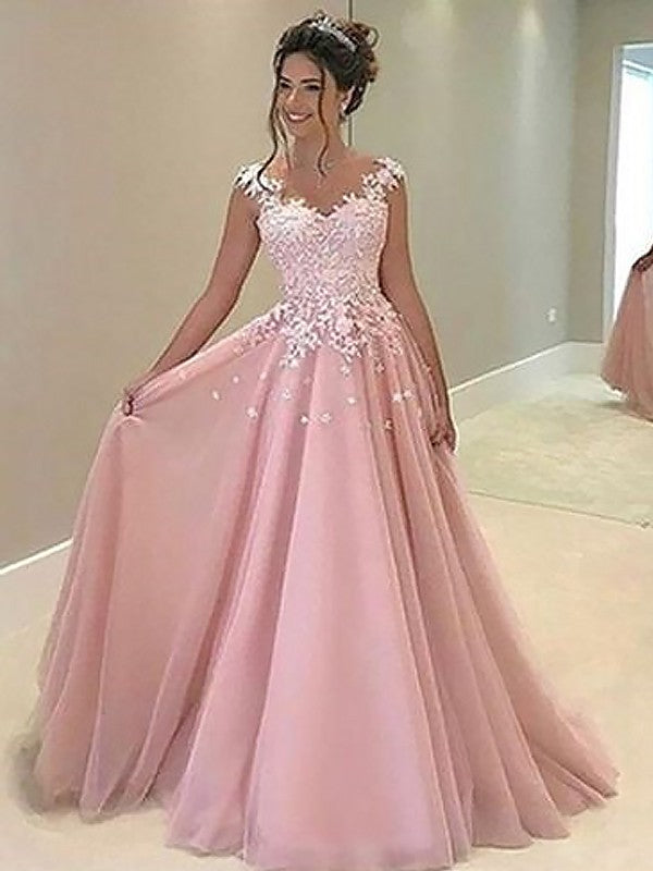 Vestidos de graduación de corte A/elegantes, sin mangas, con apliques de tul y escote corazón hasta el suelo