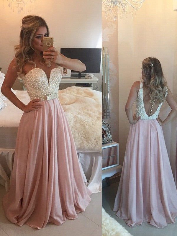 Vestidos de graduación de gasa hasta el suelo, corte en A/elegante, sin mangas, con perlas y escote corazón.