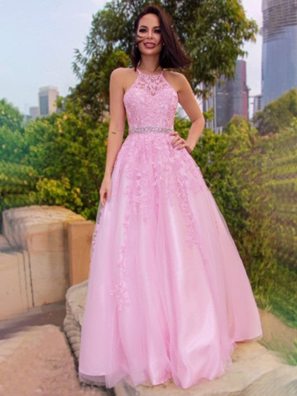 Vestidos de graduación de corte A/elegantes con apliques de tul, cuello halter, sin mangas y hasta el suelo