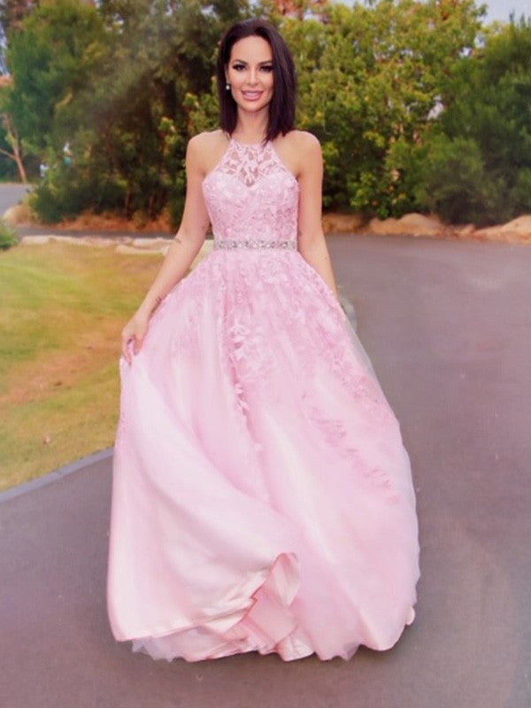 Vestidos de graduación de corte A/elegantes con apliques de tul, cuello halter, sin mangas y hasta el suelo