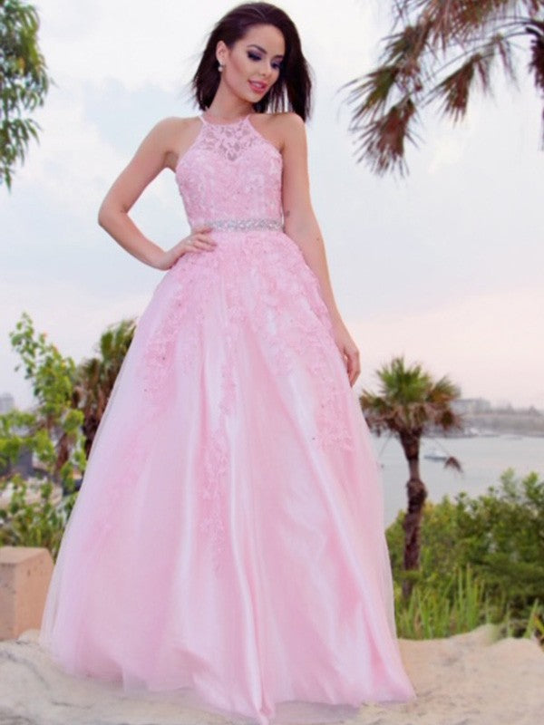 Vestidos de graduación de corte A/elegantes con apliques de tul, cuello halter, sin mangas y hasta el suelo