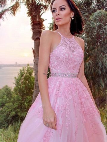 Vestidos de graduación de corte A/elegantes con apliques de tul, cuello halter, sin mangas y hasta el suelo