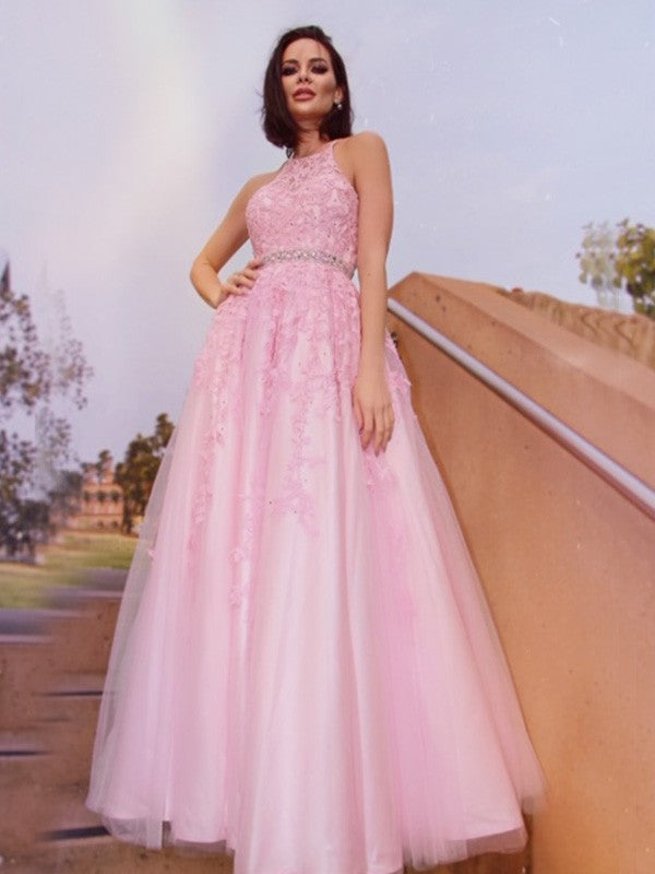 Vestidos de graduación de corte A/elegantes con apliques de tul, cuello halter, sin mangas y hasta el suelo