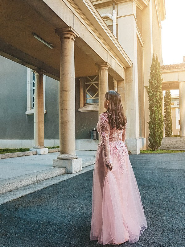Vestidos de graduación de corte A/elegantes con apliques de tul, mangas largas, escote en V y largo hasta el suelo