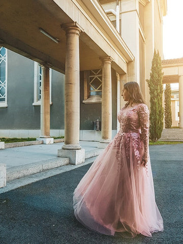 Vestidos de graduación de corte A/elegantes con apliques de tul, mangas largas, escote en V y largo hasta el suelo