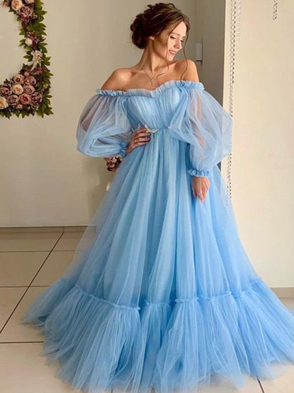 Vestidos de graduación de corte A/elegantes con apliques de tul, hombros descubiertos, mangas largas y largo hasta el suelo