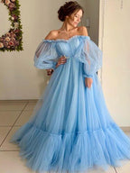 Vestidos de graduación de corte A/elegantes con apliques de tul, hombros descubiertos, mangas largas y largo hasta el suelo