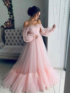 Vestidos de graduación de corte A/elegantes con apliques de tul, hombros descubiertos, mangas largas y largo hasta el suelo