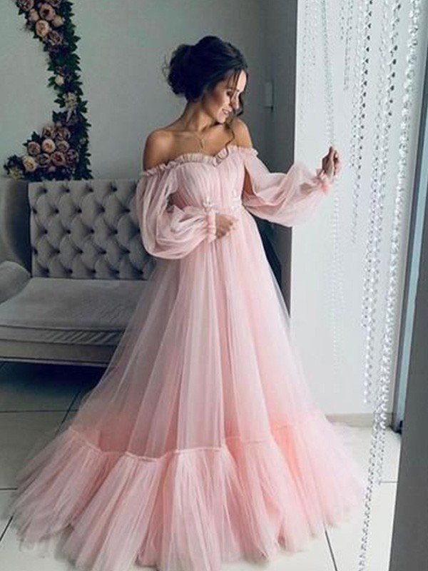 Vestidos de graduación de corte A/elegantes con apliques de tul, hombros descubiertos, mangas largas y largo hasta el suelo