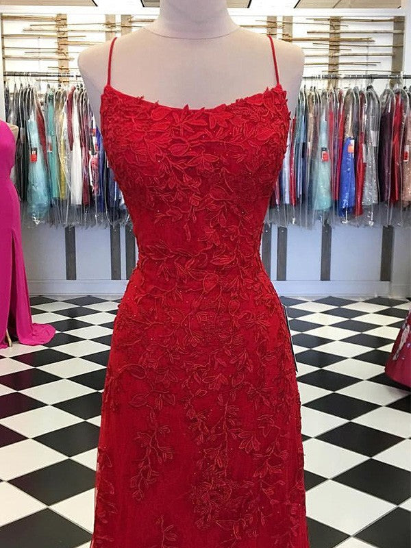 Vestidos de graduación sin mangas con tirantes finos, apliques de tul elegantes y corte en A