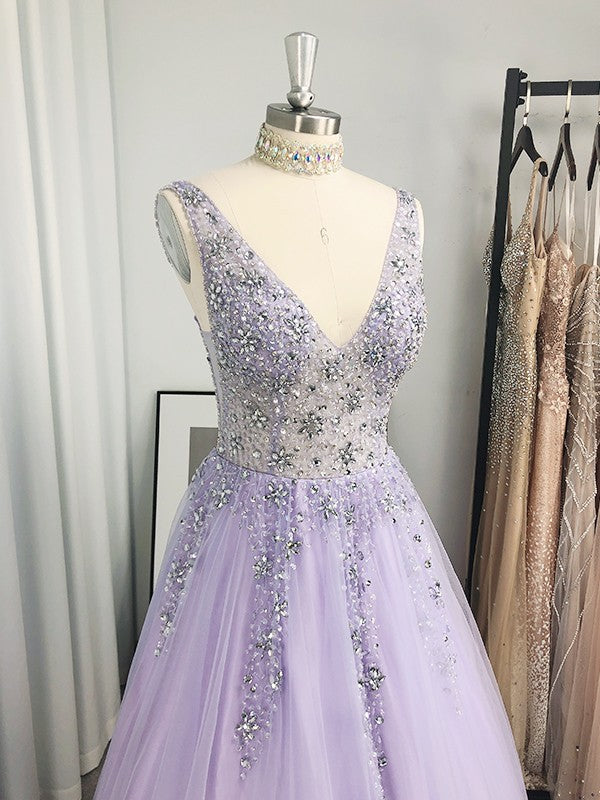 Vestidos de graduación de corte A/elegantes de tul con cuentas, escote en V, sin mangas y hasta el suelo
