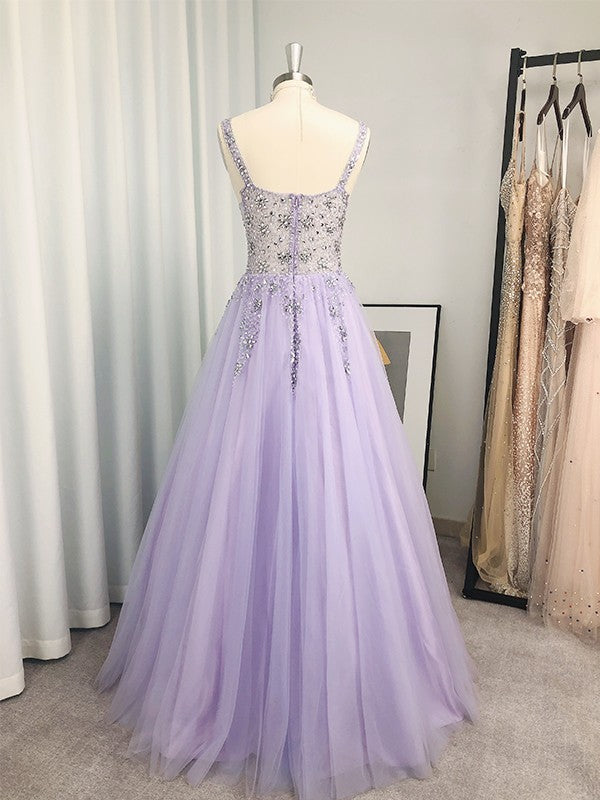 Vestidos de graduación de corte A/elegantes de tul con cuentas, escote en V, sin mangas y hasta el suelo