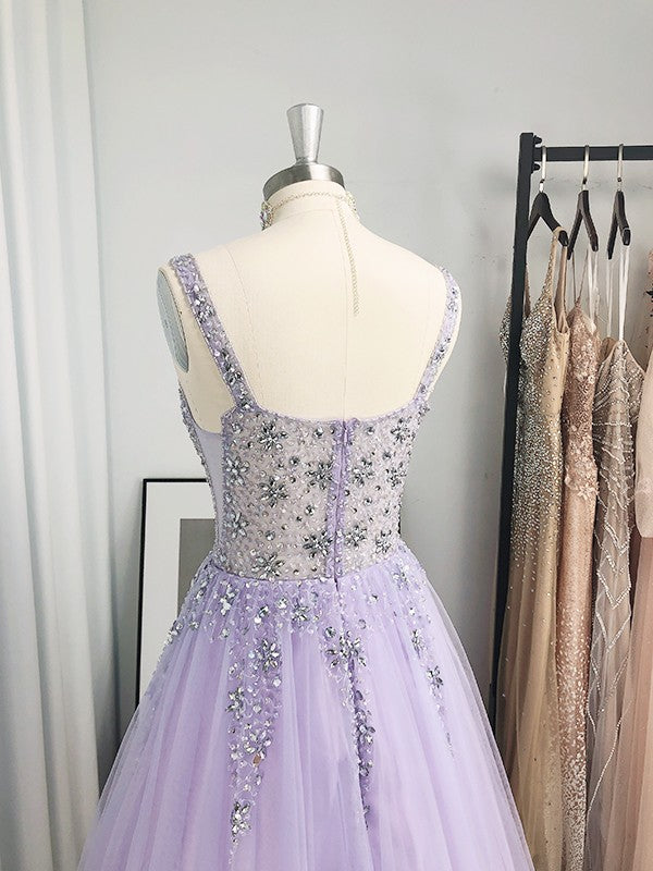 Vestidos de graduación de corte A/elegantes de tul con cuentas, escote en V, sin mangas y hasta el suelo