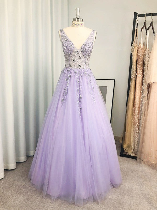 Vestidos de graduación de corte A/elegantes de tul con cuentas, escote en V, sin mangas y hasta el suelo