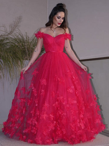 Vestidos de graduación de corte A/elegantes de tul con flores hechas a mano, sin mangas, con hombros descubiertos y largo hasta el suelo