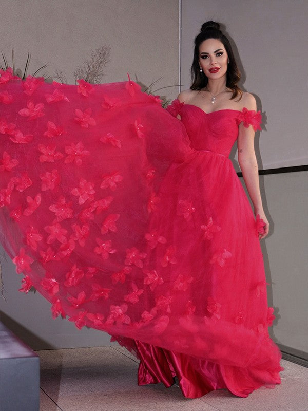 Vestidos de graduación de corte A/elegantes de tul con flores hechas a mano, sin mangas, con hombros descubiertos y largo hasta el suelo