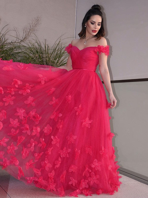 Vestidos de graduación de corte A/elegantes de tul con flores hechas a mano, sin mangas, con hombros descubiertos y largo hasta el suelo