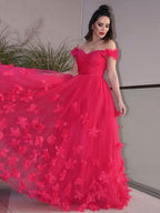 Vestidos de graduación de corte A/elegantes de tul con flores hechas a mano, sin mangas, con hombros descubiertos y largo hasta el suelo