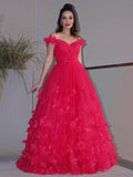 Vestidos de graduación de corte A/elegantes de tul con flores hechas a mano, sin mangas, con hombros descubiertos y largo hasta el suelo