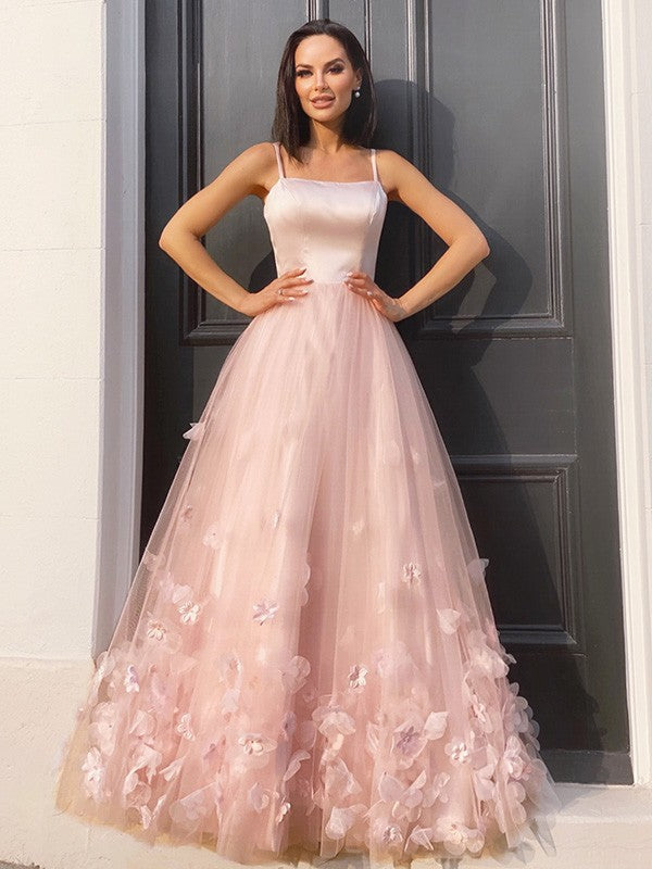Vestidos de graduación sin mangas, corte en A, elegantes, de tul con tirantes florales hechos a mano y largo hasta el suelo.