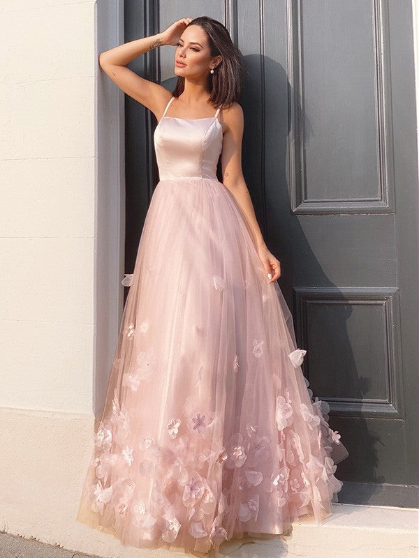 Vestidos de graduación sin mangas, corte en A, elegantes, de tul con tirantes florales hechos a mano y largo hasta el suelo.