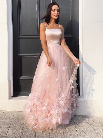 Vestidos de graduación sin mangas, corte en A, elegantes, de tul con tirantes florales hechos a mano y largo hasta el suelo.