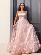 Vestidos de graduación sin mangas, corte en A, elegantes, de tul con tirantes florales hechos a mano y largo hasta el suelo.
