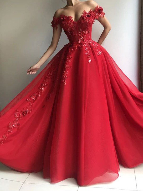Vestidos de graduación elegantes de corte A, sin mangas, con apliques y hombros descubiertos, de tul, hasta el suelo.