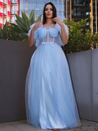 Vestidos de graduación largos hasta el suelo, corte en A, elegantes, con volantes de tul y mangas cortas cuadradas.