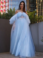 Vestidos de graduación largos hasta el suelo, corte en A, elegantes, con volantes de tul y mangas cortas cuadradas.