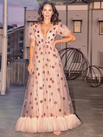 Vestidos de graduación largos hasta el suelo, corte en A, elegantes, con volantes de tul y escote en V.