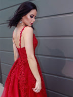 Vestidos de graduación elegantes de tul, corte en A, escote en V, largos hasta el suelo, con apliques y sin mangas.