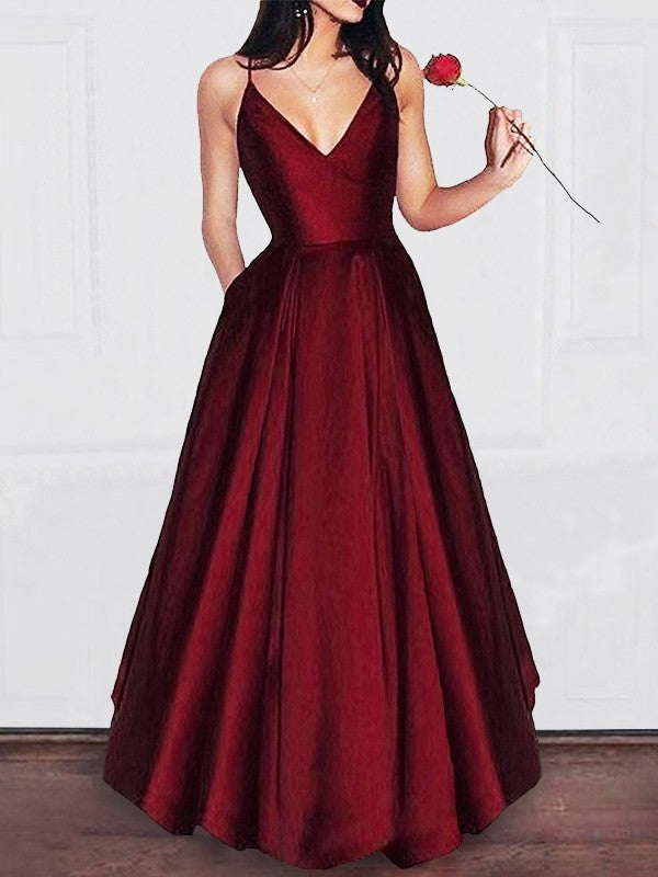 Vestidos de graduación de satén con volantes, corte en A/elegante, escote en V y largo hasta el suelo