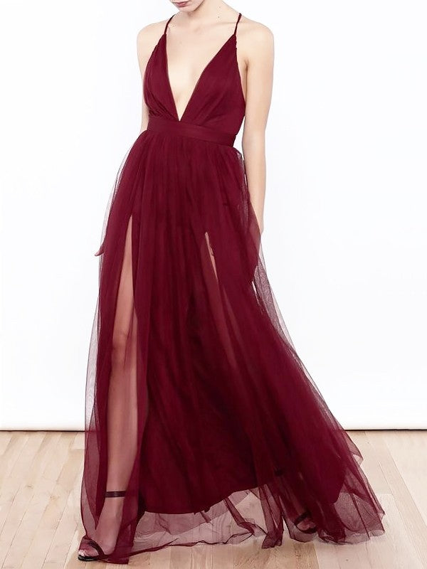 Vestidos de graduación de tul con volantes, corte en A/elegante, escote en V y largo hasta el suelo