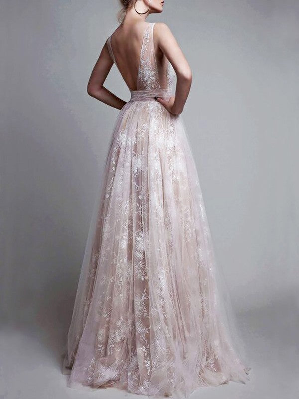 Vestidos de graduación de corte A/elegantes con escote en V, largos hasta el suelo, de tul, sin mangas y con apliques.