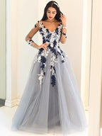 Vestidos de graduación de corte A/elegantes, con escote en V, mangas largas, apliques de tul y largo hasta el suelo