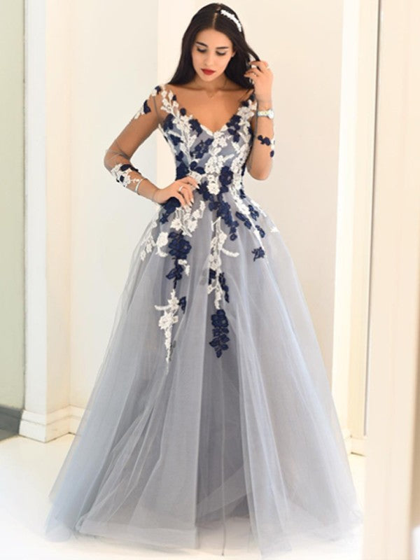Vestidos de graduación de corte A/elegantes, con escote en V, mangas largas, apliques de tul y largo hasta el suelo