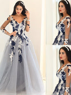 Vestidos de graduación de corte A/elegantes, con escote en V, mangas largas, apliques de tul y largo hasta el suelo