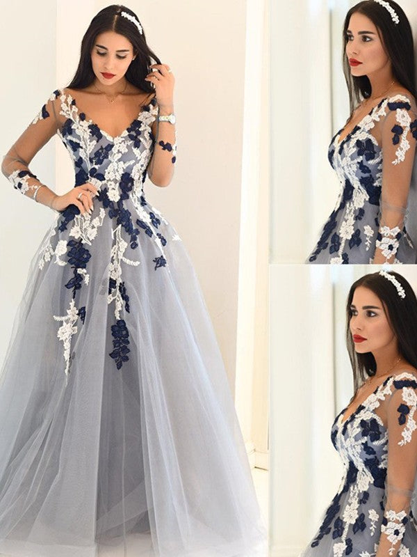 Vestidos de graduación de corte A/elegantes, con escote en V, mangas largas, apliques de tul y largo hasta el suelo