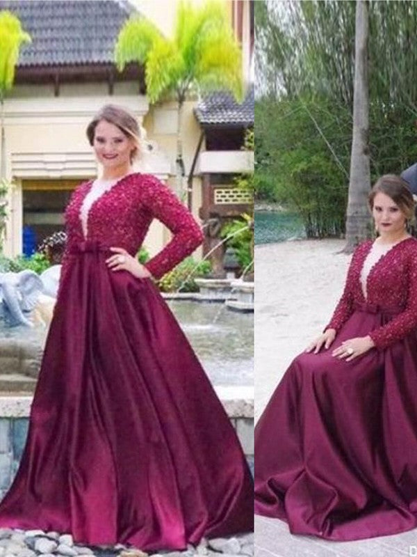 Vestidos de fiesta de talla grande, corte en A/elegante, escote en V, mangas largas, bordados con cuentas, satén.