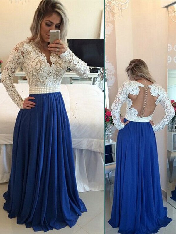 Vestidos de graduación de corte A/elegantes, con escote en V, mangas largas, de gasa y perlas hasta el suelo