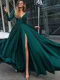 Vestidos de graduación de corte A/elegante con escote en V, mangas largas, volantes y satén chifón hasta el suelo