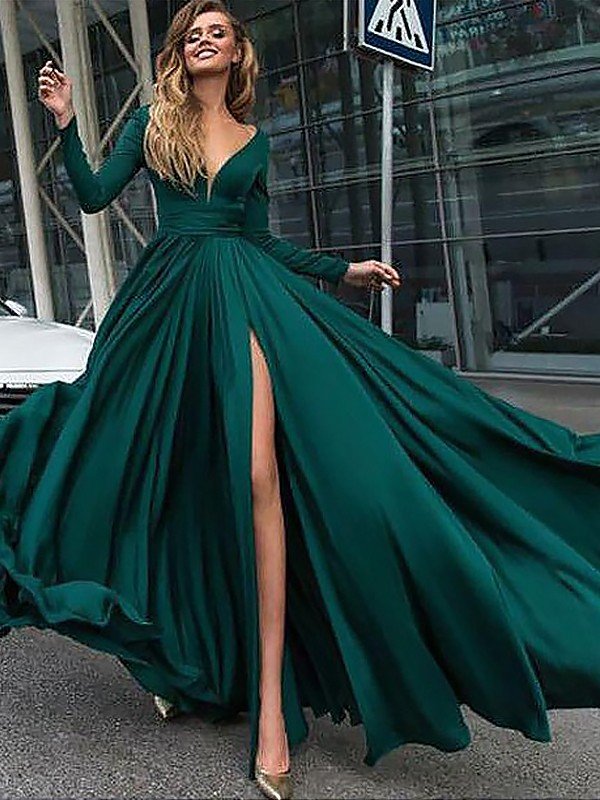 Vestidos de graduación de corte A/elegante con escote en V, mangas largas, volantes y satén chifón hasta el suelo