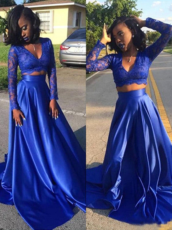 Vestidos de fiesta de dos piezas de satén de encaje con escote en V elegante y mangas largas, corte en A/estilo línea A