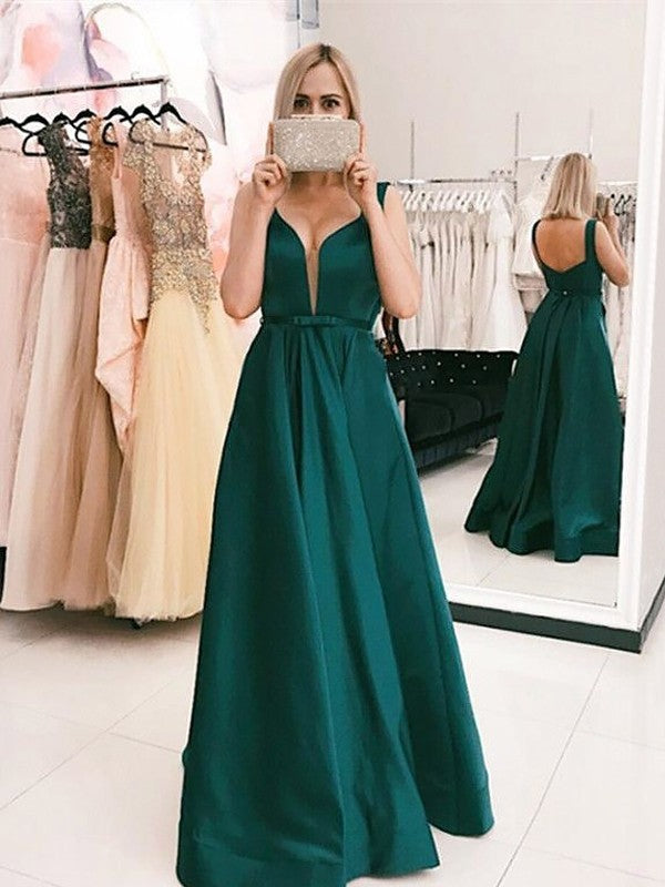 Vestidos de fiesta de satén con volantes y escote en V elegante/corte en A