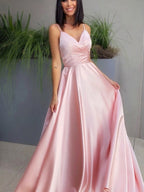 Vestidos de graduación largos hasta el suelo, de satén, sin mangas, con escote en V elegante y corte en A.