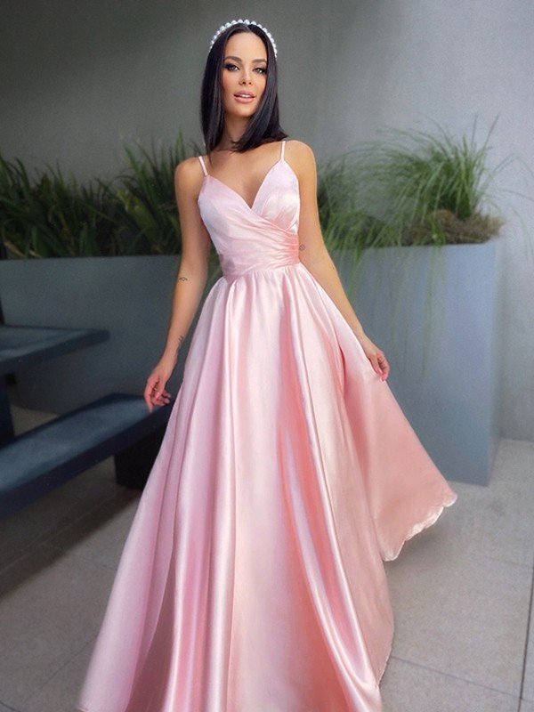 Vestidos de graduación largos hasta el suelo, de satén, sin mangas, con escote en V elegante y corte en A.