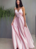Vestidos de graduación largos hasta el suelo, de satén, sin mangas, con escote en V elegante y corte en A.