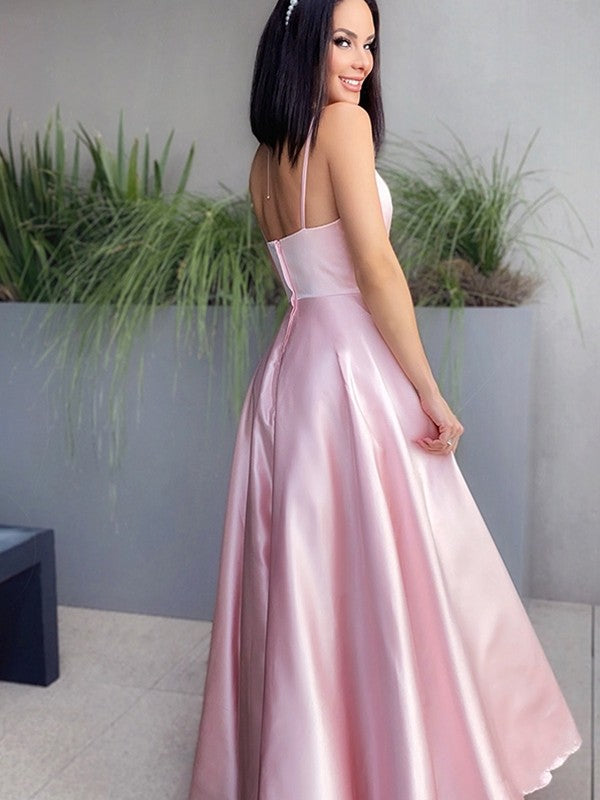 Vestidos de graduación largos hasta el suelo, de satén, sin mangas, con escote en V elegante y corte en A.