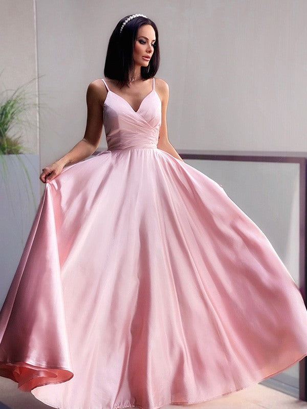 Vestidos de graduación largos hasta el suelo, de satén, sin mangas, con escote en V elegante y corte en A.